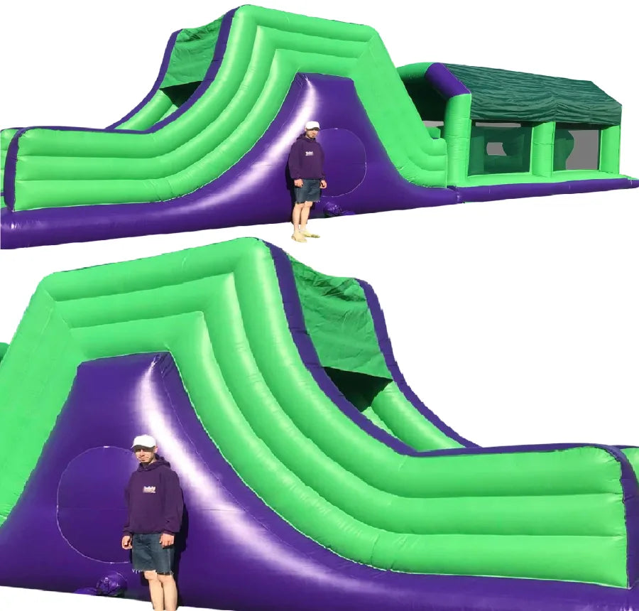 2 Part Obstacle - 8ft Drop Slide - Netted Walls - (Green and Purple) 45x10x12ft